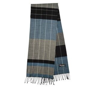 100% Cashmere Made in Scotland Plaid Scarf Fringe Gray Black Blue Unisex Winter